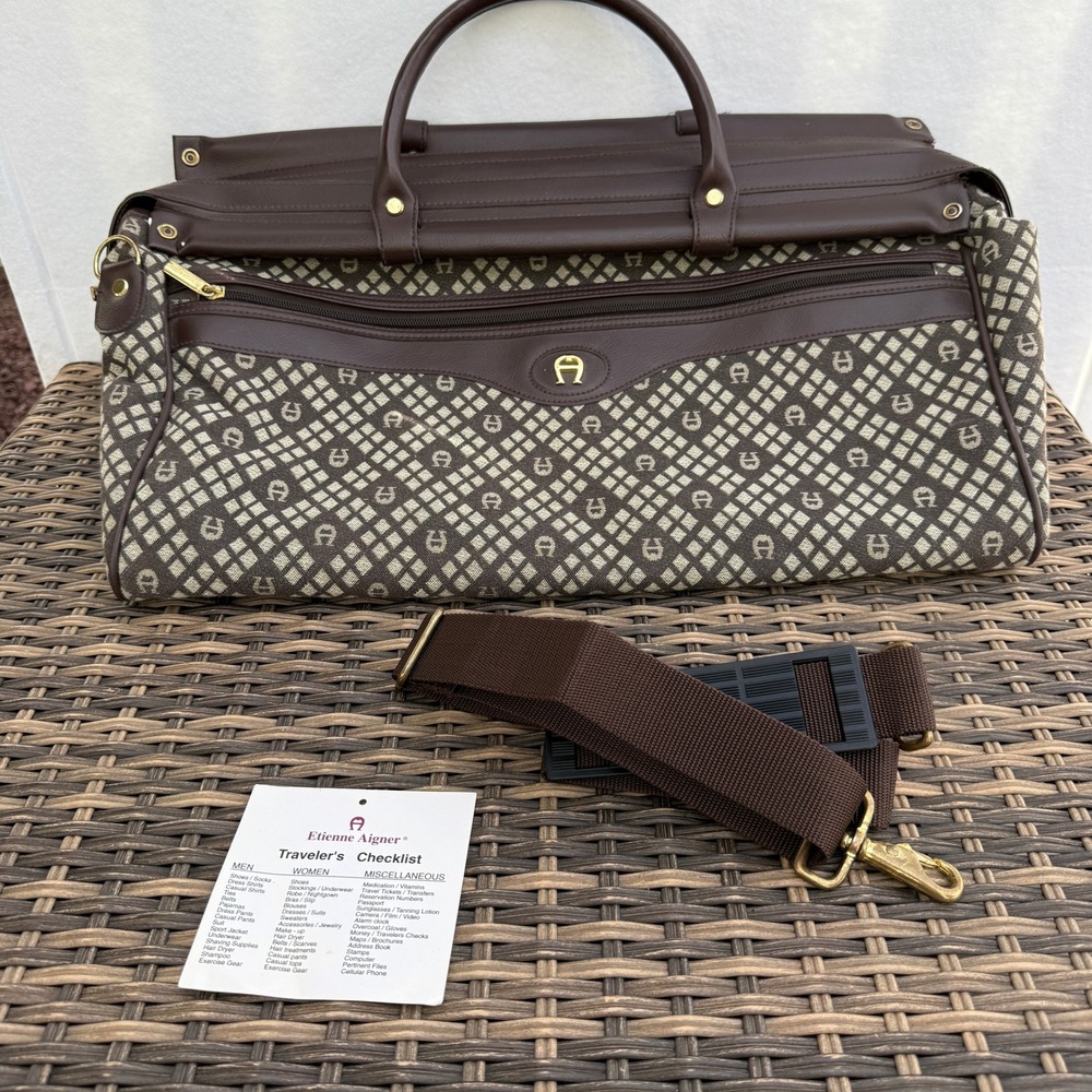 Etienne Aigner Monogram Travel Duffel Weekender Bag Brown Beige Shoulder Strap